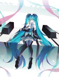  1girl absurdres aqua_eyes aqua_hair aqua_necktie arm_at_side bare_shoulders belt black_boots black_skirt black_sleeves black_thighhighs blush boots breasts commentary contrast_collar detached_sleeves earpiece full_body grey_shirt hair_between_eyes hair_ornament hatsune_miku hatsune_miku_(vocaloid6) heart heart_hair_ornament high_heel_boots high_heels highres jairosan long_hair looking_at_viewer midriff_peek miniskirt nail_polish necktie number_tattoo parted_lips piano_print pleated_skirt ringed_eyes shirt shoulder_tattoo simple_background sitting skirt sleeveless sleeveless_shirt sleeves_past_wrists small_breasts solo striped_clothes striped_shirt tattoo thigh-highs twintails untranslatable_commentary vertical-striped_clothes vertical-striped_shirt very_long_hair vocaloid white_background zettai_ryouiki zipper_footwear 