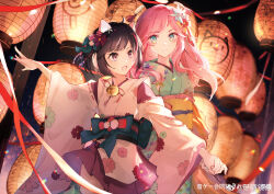  2girls absurdres animal_ear_headphones animal_ears aqua_eyes aqua_kimono aroma_white asakura_neko bell black_hair blue_sash cat_ear_headphones cat_ears chinese_commentary closed_mouth commentary_request cytus cytus_ii exp_mirage fake_animal_ears fang floating_headgear floral_print floral_print_kimono hair_ornament headgear headphones highres holding_hands japanese_clothes kanzashi kimono lantern long_hair looking_at_another multicolored_hair multiple_girls neck_bell nontraditional_miko obi open_mouth orange_shawl paper_lantern pink_eyes pink_hair print_kimono red_kimono red_ribbon ribbon sash shawl short_hair skin_fang smile streaked_hair watermark weibo_watermark white_kimono yellow_sash 