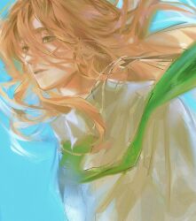  1boy androgynous blonde_hair blue_background collared_shirt commentary cross cross_necklace degrees_of_lewdity floating_clothes floating_hair green_necktie hair_between_eyes highres jewelry long_hair long_hair_between_eyes looking_ahead male_focus necklace necktie parted_lips s0l2004 shirt sketch solo sydney_(degrees_of_lewdity) sydney_(male)_(degrees_of_lewdity) upper_body white_shirt yellow_eyes 