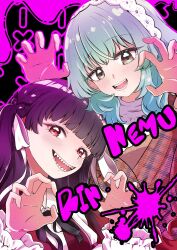  2girls :d baio_rin black_background black_hair black_ribbon blood blood_splatter blunt_sidelocks blush bow braid brown_eyes brown_shawl character_name claw_pose collared_shirt colored_blood commentary crossed_bangs fangs frilled_sleeves frills green_hair hair_between_eyes hair_bow hairband hands_up head_tilt highres kimi_no_koto_ga_dai_dai_dai_dai_daisuki_na_100-nin_no_kanojo long_hair long_sleeves looking_at_viewer medium_hair multiple_girls nanraka neck_ribbon nemui_nemu open_mouth outline plaid_clothes plaid_shawl purple_background purple_blood purple_outline raised_inner_eyebrows red_vest ribbon sharp_teeth shawl shirt sidelocks smile teeth two_side_up untranslatable_commentary vest wavy_hair white_bow white_hairband white_shirt 
