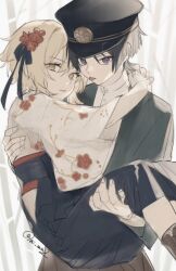  1boy 1girl :p akasaki_aimu alternate_costume bamboo bamboo_forest bishounen black_hair black_hakama black_hat black_kimono black_sash black_skirt black_sleeves blonde_hair blunt_ends brown_hakama carrying clothing_cutout commentary_request couple emblem eyeliner fingernails floral_print floral_print_kimono flower forest genshin_impact hair_flower hair_ornament hakama hand_on_another's_back hand_on_another's_thigh hands_on_another's_back hat heads_together hetero high-waist_skirt highres hip_vent interlocked_fingers japanese_clothes kimono layered_sleeves long_skirt looking_at_viewer lumine_(genshin_impact) makeup meiji_schoolgirl_uniform nature obi outdoors own_hands_together parted_lips peaked_cap pink_nails pleated_skirt princess_carry print_kimono red_eyeliner red_flower red_sash sash scaramouche_(genshin_impact) shirt short_hair short_hair_with_long_locks sidelocks skirt three-quarter_sleeves tongue tongue_out tsurime twitter_username undershirt violet_eyes white_background white_kimono white_mouth white_shirt white_sleeves wispy_bangs wolf_cut yellow_eyes 