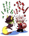  2boys animal_ears blazblue dog_ears dog_tail fox_ears fox_tail green_hair hazama kuro_yuzu multiple_boys ragna_the_bloodedge silver_hair tail 