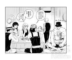  2girls 5boys ^_^ closed_eyes commentary_request hat head_rest highres m_maru00 monkey_d._luffy multiple_boys multiple_girls nami_(one_piece) nico_robin one_piece overalls roronoa_zoro sanji_(one_piece) sash short_hair sitting sleeping speech_bubble straw_hat_pirates tony_tony_chopper translation_request usopp 