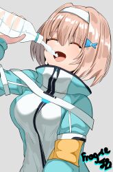  1girl :d ^_^ absurdres aqua_jacket arm_up blush bottle breasts brown_hair closed_eyes commentary_request drinking eyes_visible_through_hair fish_hair_ornament fragrice grey_background hair_between_eyes hair_ornament hairband heaven_burns_red highres holding holding_bottle jacket large_breasts long_sleeves medium_hair multicolored_jacket ooshima_muua open_mouth signature simple_background smile solo track_jacket two-tone_jacket upper_body water water_bottle white_hairband white_jacket 