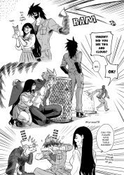  1girl 3boys absurdres ball barret_wallace barret_wallace_(midgard_seventh_high_school) bento cloud_strife cloud_strife_(midgard_seventh_high_school) commentary delinquent earrings eating emphasis_lines english_commentary english_text final_fantasy final_fantasy_vii final_fantasy_vii:_ever_crisis gakuran hands_in_pockets hiding highres holding holding_bento janitor jewelry kneehighs long_hair low-tied_long_hair mask miniskirt motion_lines mouth_mask multiple_boys neckerchief official_alternate_costume onism179 pants pleated_skirt sailor_collar school_uniform serafuku short_hair skirt soccer_ball socks spiky_hair squatting standing sunglasses sweatdrop tifa_lockhart tifa_lockhart_(midgard_seventh_high_school) twitter_username vincent_valentine wing_collar 