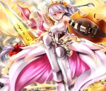  1girl armor bare_shoulders breasts greaves hairband long_hair nagare orange_eyes puzzle_&amp;_dragons shield shynee silver_hair solo sword valkyrie_(p&amp;d) weapon 