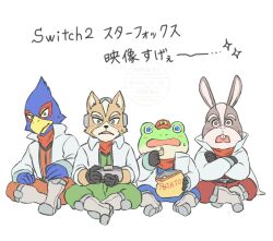  4boys animal_ears bird_boy chips_(food) commentary_request falco_lombardi food fox_boy fox_ears fox_mccloud fox_tail frog_boy hat holding looking_at_viewer mito_31_31 multiple_boys open_mouth peppy_hare potato_chips rabbit_boy rabbit_ears slippy_toad star_fox tail translation_request 