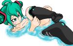  1girl ahoge alternate_hairstyle bathing black_legwear blush double_bun green_eyes green_hair hair_ornament hair_up hatsune_miku highres partially_submerged sam_hammington shiny shiny_skin solo thighhighs thighhighs_pull toes vocaloid 