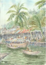  absurdres boat clouds cloudy_sky commentary_request day dock highres holding holding_oar market oar original outdoors painting_(medium) palm_tree paruperu people rowboat rowing scenery seaside sky slice_of_life thailand traditional_media tree urban watercolor_(medium) watercraft wharf 