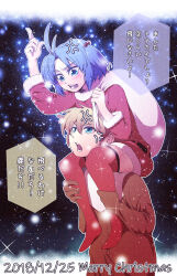  1boy 1girl 2018 absurdres anger_vein animal_costume animal_ears antenna_hair aqua_eyes blonde_hair blue_hair blush carrying commentary_request dated deer_ears dress fur-trimmed_dress fur_trim hair_bobbles hair_ornament highres holding holding_another's_leg holding_sack jikkyou_powerful_pro_yakyuu merry_christmas nekomarunko one_side_up open_mouth pointing pointing_up red_dress red_thighhighs reindeer_costume sack santa_costume shoulder_carry sparkle speech_bubble tachibana_mizuki_(pawapro) teeth thigh-highs tomozawa_ryo translation_request 