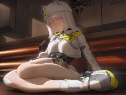  1girl absurdres animal_ear_headwear arknights arknights:_endfield bandaid bandaid_on_face bandaid_on_leg black_bodysuit black_boots black_gloves blue_eyes blush bodysuit boots breasts commentary english_commentary estella_(arknights) fingerless_gloves full_body gloves green_boots grey_boots half-closed_eyes hat highres indoors large_breasts legs legs_together long_sleeves looking_at_viewer medium_hair molyb multicolored_boots shrug_(clothing) sitting solo white_boots white_hair white_hat white_shrug 