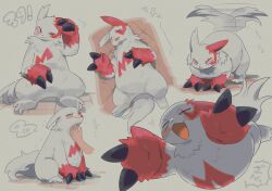  absurdres blush_stickers chin_rub claws closed_eyes colored_sclera commentary dezigos7hi98358 disembodied_hand hand_on_another's_chin highres lying motion_blur multiple_views on_back one_eye_closed open_mouth pokemon pokemon_(creature) red_fur red_sclera simple_background sitting speech_bubble stroking_another's_chin tail tail_wagging translation_request two-tone_fur white_background white_fur zangoose 
