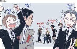  2girls 6+boys all_fours andre_roland_jean_gerard arms_up black_hair black_jacket black_pants black_skirt blonde_hair blue_hair blush border brown_hair clenched_hands closed_eyes closed_mouth collared_shirt commentary_request crossed_arms english_text fushimi_chihiro gameplay_mechanics gekkoukan_high_school_uniform grey_background grey_eyes grey_jacket gym_uniform hand_fan hiraga_keisuke holding holding_fan jacket kneeling long_hair long_sleeves looking_at_another meino_(usmtw) miyamoto_kazushi multiple_boys multiple_girls nishiwaki_yuuko odagiri_hidetoshi open_mouth outside_border pants persona persona_3 school_uniform shirt short_hair simple_background skirt smile sparkle standing tomochika_kenji white_border white_shirt yuuki_makoto_(persona_3) 