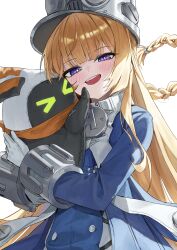  >_< 1girl absurdres bangboo_(zenless_zone_zero) blonde_hair blue_jacket blush commentary gloves grey_hat hat highres holding jacket long_hair norma_hollowell open_mouth rosu_1109 shako_cap simple_background upper_body very_long_hair violet_eyes white_background white_gloves zenless_zone_zero 