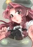  1girl black_bow black_ribbon blush bow braid breasts close-up grey_eyes hair_bow hair_intakes hands_up hat hong_meiling jubigamura long_hair parted_lips patterned_background redhead ribbon solo star touhou twin_braids 