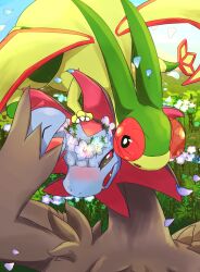  absurdres black_fur black_sclera blue_flower blush claws colored_sclera colored_skin commentary_request fangs flower flower_wreath flygon green_skin head_wreath highres hydreigon open_mouth pokemon pokemon_(creature) red_eyes shuu_kuchiba 