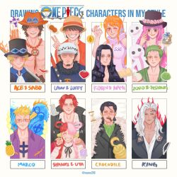  4girls 6+boys anger_vein bird black_feathers black_hair black_wings blonde_hair book character_name commentary crocodile_(one_piece) devil_fruit facial_hair father_and_child father_and_daughter feathers fire food fruit ghost goatee hat headphones highres hook_hand king_(one_piece) long_hair marco_(one_piece) monkey_d._luffy multicolored_hair multiple_boys multiple_girls nami_(one_piece) nico_robin nuooo200 one_eye_closed one_piece one_piece_film:_red orange_hair parent_and_child perona phoenix pineapple pink_hair portgas_d._ace purple_shirt red_hair roronoa_zoro sabo_(one_piece) shanks_(one_piece) shirt sideburns smile straw_hat trafalgar_law twitter_username two-tone_hair uta_(one_piece) v white_hair wings 