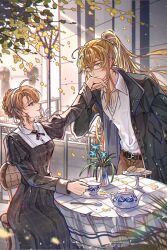  1boy 1girl ahoge artist_request autumn_leaves black_dress black_jacket blonde_hair blue_flower braid branch breasts collared_shirt commentary_request couple cowboy_shot cross cross_necklace cross_tie crown_braid cup degrees_of_lewdity double-parted_bangs dress eye_contact fingernails flower glasses green_eyes grid_print hair_between_eyes hand_up hetero high_ponytail highres holding holding_cup jacket jewelry juliet_sleeves kiss kissing_hand lamppost leaf leaning_forward long_hair long_sidelocks long_sleeves looking_at_another medium_breasts necklace nostrils oc_x_canon open_clothes open_jacket original outdoors parted_lips player_character_(degrees_of_lewdity) player_character_(female)_(degrees_of_lewdity) ponytail profile puffy_sleeves round_table rounded_collar saucer second-party_source shirt short_hair sidelocks sitting spoon sydney_(degrees_of_lewdity) sydney_(male)_(degrees_of_lewdity) table tablecloth teacup teapot vase white_shirt yellow_eyes 