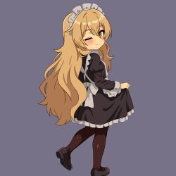  1girl absurdres apron black_dress black_pantyhose black_shoes brown_eyes brown_hair closed_mouth clothes_lift curtsey dress dress_lift flat_chest from_behind full_body hair_between_eyes hanakaji_(yuuchanto) highres long_hair looking_at_viewer maid maid_headdress one_eye_closed original pantyhose purple_background shoes simple_background smile solo white_apron white_headdress 