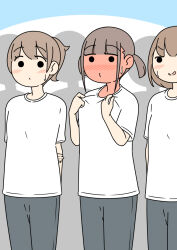  3girls 3others blue_background blush closed_mouth commentary_request full-face_blush grey_pants gym_uniform juukyuu multiple_girls multiple_others original pants ponytail shirt silhouette small_sweatdrop sweat twintails two-tone_background v-shaped_eyebrows white_background white_shirt 