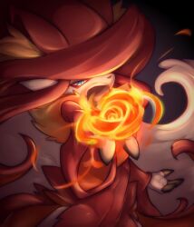  1girl aqua_eyes awoooooga black_background commentary dress english_commentary fire furry furry_female hat hat_with_ears highres pal_(creature) palworld pyrokinesis red_dress red_hat solo white_fur witch_hat wixen_(palworld) 