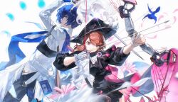  1boy 1girl absurdres archery archery_shooting_glove arknights arrow_(projectile) ascot back-to-back bird black_dress black_hat blue_bird blue_eyes blue_gloves blue_hair bow bow_(weapon) brown_eyes brown_hair cai_xukun_(artist) cavalier_hat closed_mouth commentary cowboy_shot dove dress dynamic_pose facing_away feathers fighting_stance flipped_hair flower gloves goth_fashion hair_over_one_eye halo hat hat_feather highres holding holding_arrow holding_behind_back holding_bow_(weapon) holding_sword holding_sword_behind_back holding_weapon holding_weapon_behind_back jacket long_sleeves looking_to_the_side medium_hair moon_phases official_alternate_costume partially_fingerless_gloves persona persona_3 persona_3_reload pink_feathers pink_flower short_hair sword takeba_yukari takeba_yukari_(in_vigil_of_dawn_and_dusk) tunic weapon white_ascot white_background white_bow white_gloves white_jacket white_tunic wide_brim yuuki_makoto_(in_witness_of_glory)_(persona_3) yuuki_makoto_(persona_3) 