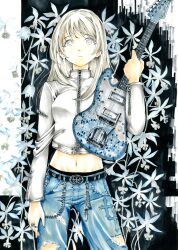  absurdres belt blank_stare commentary cowboy_shot cropped_jacket cross denim flower girls_band_cry grey_eyes grey_hair guitar highres instrument jacket jeans jewelry kawaragi_momoka latin_cross long_hair miso_bijutsukan pants ring torn_clothes untranslatable_commentary zipper 