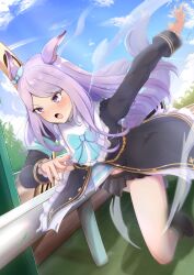  1girl absurdres animal_ears aqua_bow aqua_bowtie aqua_socks black_boots black_jacket black_skirt blue_sky blush boots bow bowtie clouds coat ear_bow ear_ribbon frilled_coat frilled_jacket frills highres horse_ears horse_girl horse_tail jacket long_hair long_sleeves mejiro_mcqueen_(frontline_elegance)_(umamusume) mejiro_mcqueen_(umamusume) midriff_peek navel open_mouth outdoors pleated_skirt purple_hair running shirt sho_mix_illustration skirt sky socks solo striped_clothes striped_shirt tail umamusume violet_eyes 