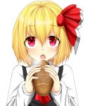  1girl ascot black_dress blonde_hair bread bread_in_mouth chestnut_mouth dress fang food hair_ribbon highres long_sleeves looking_at_viewer open_mouth red_eyes ribbon rumia shirt simple_background solo touhou udongein white_background 