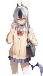  1girl absurdres alternate_costume alternate_hairstyle bag black_choker black_hair black_horns blue_archive blue_skirt bow bowtie cardigan choker collarbone commentary cropped_legs demon_horns demon_wings dress_shirt earclip earphones hair_between_eyes halo highres holding holding_earphones horns kayoko_(blue_archive) long_hair long_sleeves looking_at_viewer low_wings mole mole_on_collarbone multicolored_hair parted_lips plaid_clothes plaid_skirt pleated_skirt purple_wings red_bow red_bowtie red_eyes revebw school_bag school_uniform shirt simple_background single_earphone_removed single_wing skirt sleeves_past_wrists solo two-tone_hair white_background white_halo wings yellow_cardigan 