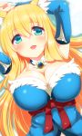  1girl animal_ears aoi_(naomi) blonde_hair blue_eyes blush breasts choker detached_sleeves fox_ears large_breasts looking_at_viewer naomi_(sekai_no_hate_no_kissaten) open_mouth original smile solo 