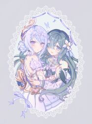 2girls absurdres armband artist_name bare_shoulders blue_background blue_butterfly blue_dress blue_eyes blue_gem blue_hair blush body_markings border bow breasts bug butterfly choker closed_mouth collarbone commentary cowboy_shot crystal_earrings detached_sleeves dress earrings feather_hair_ornament feathers fingernails fins floating_hair flower four-pointed_star frilled_choker frills from_side fur_collar fur_trim gem genshin_impact green_hair grey_border grey_choker hair_between_eyes hair_bun hair_flower hair_ornament hair_over_one_eye hairband head_fins heart_ornament highres jewelry lace lace_border lace_trim long_dress long_hair long_sleeves looking_at_viewer multicolored_hair multiple_girls necklace odette_(genshin_impact) open_mouth ornate_border pearl_hair_ornament puffy_detached_sleeves puffy_long_sleeves puffy_sleeves purple_bow short_hair sidelocks simple_background sleeveless sleeveless_dress small_breasts smile standing star_(symbol) strapless strapless_dress streaked_hair symzae torso_grab two-tone_dress untranslatable_commentary very_long_hair violet_eyes vodyanitsa_(genshin_impact) white_armband white_dress white_feathers white_flower white_hair white_hairband white_sleeves yuri 