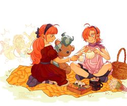  3boys 3girls aged_down arguing basket bento cup dress fighting from_behind hair_over_one_eye highres kumacy monkey_d._luffy mrygyuu multiple_boys multiple_girls neckerchief one_piece one_piece_film:_red perona pink_dress pink_hair purple_neckerchief red_dress roronoa_zoro sanji_(one_piece) smile teacup uta_(one_piece) vinsmoke_reiju white_background 