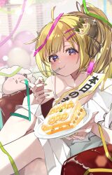  1girl :t ahoge alternate_costume birthday blonde_hair blush cake cake_slice closed_mouth commentary confetti crown curled_horns dress food hair_ornament hairclip happy_birthday highres holding holding_plate hololive horns indoors long_hair looking_at_viewer nail_polish nyas0123 parallel_hairclips plate ponytail sash sheep_horns short_dress shoulder_sash single_bare_shoulder sitting smile solo streamers swept_bangs tsunomaki_watame unworn_crown utensil_in_mouth violet_eyes virtual_youtuber watamate white_dress window_blinds yellow_nails 