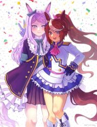  2girls animal_ears aqua_bow ascot asymmetrical_gloves black_gloves black_jacket black_skirt blue_eyes blush boots bow bowtie brown_hair coat commentary cowboy_shot dafterdayart ear_bow ear_ribbon epaulettes flat_chest frilled_coat frills gloves hand_on_own_hip highres horse_ears horse_girl horse_tail jacket long_hair long_sleeves looking_at_viewer mejiro_mcqueen_(frontline_elegance)_(umamusume) mejiro_mcqueen_(umamusume) mismatched_gloves multicolored_hair multiple_girls pink_ascot pleated_skirt ponytail purple_hair skirt smile standing streaked_hair tail tokai_teio_(peak_joy)_(umamusume) tokai_teio_(umamusume) umamusume v violet_eyes white_boots white_gloves white_jacket white_skirt 