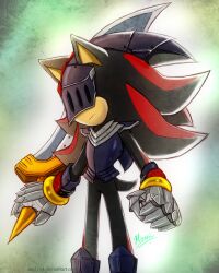  1boy armlet armor black_fur furry furry_male gold_armlet hedgehog_boy jewelry lancelot_(sonic) myly14 red_fur shadow_the_hedgehog short_tail solo sonic_(series) sonic_and_the_black_knight spiky_hair striped_fur sword tail visor_(armor) weapon 