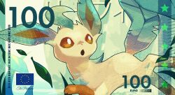  banknote bright_pupils brown_eyes brown_fur c_kibe commentary english_commentary european_union_flag leaf_tail leafeon money no_humans open_mouth pokemon pokemon_(creature) solo tail two-tone_fur white_pupils 
