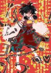 1girl abstract_background ascot black_hair bow claw_pose detached_sleeves dress evil_grin evil_smile frilled_bow grin hair_bow hair_tubes hakurei_reimu jubigamura kubrick_stare looking_at_viewer red_dress smile socks solo touhou white_legwear 