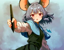  1girl absurdres animal_ear_fluff animal_ears blue_capelet capelet commentary flandzen grey_hair highres long_sleeves looking_at_viewer mouse_ears mouse_girl mouse_tail nazrin open_mouth red_eyes shirt short_hair solo stylus tail teeth touhou untranslatable_commentary upper_teeth_only 