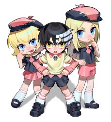  1boy 2girls black_hair black_hat black_shirt black_shoes black_shorts blonde_hair blush chibi chibi_only collared_shirt commentary_request death_the_kid elizabeth_thompson finger_to_eye full_body hair_between_eyes hand_on_another's_shoulder hand_on_own_hip hand_to_own_mouth hands_on_own_hips hat highres long_hair looking_at_viewer multicolored_hair multiple_girls necktie open_mouth parted_bangs patricia_thompson pink_hat pink_necktie pink_shirt pink_shoes pink_skirt puffy_short_sleeves puffy_sleeves queshi181 sailor_collar shirt shirt_under_shirt shoes short_hair short_sleeves shorts siblings sisters skirt skull_ornament socks soul_eater standing streaked_hair striped_clothes striped_socks tongue tongue_out twins two-tone_hat white_background white_hair white_socks yellow_eyes yellow_sailor_collar yellow_shirt 