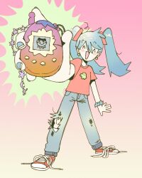  1girl :d ^_^ blue_hair blush casual closed_eyes denim earrings hatsune_miku highres holding_virtual_pet jeans jewelry kuchipatchi pants pink_background print_shirt radiogeist red_shoes shirt shoes smile sneakers solo star_(symbol) star_earrings t-shirt tamagotchi tamagotchi_(creature) tamagotchi_(virtual_pet) toon_(style) torn_clothes torn_jeans torn_pants twintails untied_shoelaces virtual_pet_(toy) vocaloid 