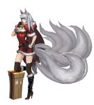  1girl ahri alternate_color alternate_costume animal_ears blue_eyes boots box braid breasts capelet cleavage cleavage_cutout fox_ears fox_tail gift gift_box gloves hand_on_hip high_heels highres league_of_legends long_hair multiple_tails one_leg_raised sack santa_costume silver_hair single_braid slit_pupils solo stiletto_heels tail thigh-highs tyutii very_long_hair 