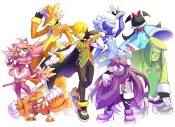  2others 3boys 3girls 7_colored_flowers_(deltarune) :3 @_@ adjusting_eyewear ahoge alternate_costume animal_ears aqua_(deltarune) arm_up bell beret black_gloves black_hair black_pantyhose black_shoes blonde_hair blue_(deltarune) blue_dress blue_hair bow bracelet cat_ears closed_eyes coat colored_skin commentary covered_navel cowboy_hat crossover deltarune drawloverlala dreadlocks dress east-west_crossover english_commentary floating flowery_(deltarune) glasses gloves green_(deltarune) green_coat green_eyes green_hair green_hat green_pants green_skin green_vest hair_bow hat highres holding holding_staff holding_tablet_pc jacket jacket_on_shoulders jewelry jingle_bell leaning_back leaning_forward long_hair low_twintails mad_mew_mew mechanization medium_hair mega_man_(series) mega_man_zero_(series) mouse_(animal) mouse_ears mouse_girl mouse_tail multicolored_gloves multicolored_shoes multiple_boys multiple_girls multiple_others one_eye_covered opaque_glasses orange_(deltarune) orange_fur orange_pants orange_vest oversized_gloves panties pants pantyhose parted_lips pink_gloves pink_hair pink_pantyhose pink_shirt pink_skirt puffy_short_sleeves puffy_sleeves purple_hair purple_panties purple_shoes rabbit_tail red_bow red_scarf red_shoes scarf serious seth_(deltarune) shirt shoes short_hair short_sleeves side_ponytail simple_background skirt sleeves_past_fingers sleeves_past_wrists smile smirk staff tablet_pc tail tutu twintails two-tone_gloves two-tone_shoes two-tone_skirt two-tone_vest underwear utdr_(toby_fox) vest white_background white_gloves white_shoes white_skirt yellow_(deltarune) yellow_shirt 