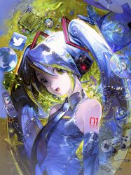  1girl absurdres arm_tattoo blue_hair cd cd_case cellphone character_charm charm_(object) chinese_commentary collared_shirt commentary_request controller detached_sleeves earphones flip_phone game_controller hair_ornament hatsune_miku highres huli_xiaobai long_hair looking_at_viewer musical_note necktie phone shirt sleeveless sleeveless_shirt solo sony tattoo twintails twitter_logo upper_body very_long_hair vocaloid 