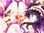  1girl archbishop black_hair blue_eyes blush breasts cleavage garter_straps hairband highres large_breasts long_hair looking_at_viewer mini_koala ragnarok_online smile solo thigh-highs white_legwear 