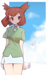  1girl absurdres arms_behind_back bianca_(pokemon_heroes) bluesky_username breasts brown_eyes brown_hair closed_mouth clouds green_shirt highres holding holding_paper latias latias_(pokemon_heroes) latios looking_at_viewer medium_breasts noi_(noi_pk27) paper pokemon pokemon_(anime) pokemon_(classic_anime) pokemon_(creature) pokemon_heroes:_latios_&amp;_latias shirt short_hair short_sleeves skirt smile solo twitter_username white_skirt 