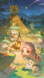  1girl ^_^ absurdres ahoge animal artist_request backless_dress backless_outfit bare_shoulders beads blue_sky bow bowtie brown_eyes campfire camping cat chibi chinese_commentary choker circlet cloak closed_eyes clothed_animal clouds commentary_request copyright_name detached_sleeves dot_nose dress drill_hair ear_covers eyelashes fireflies florabound_promise_(infinity_nikki) forest frilled_sleeves frills gown green_bow green_bowtie green_choker green_cloak green_dress green_sleeves hair_beads hair_bow hair_ornament happy highres hood hood_up hooded_cloak infinity_nikki lake large_bow light_blush light_particles long_dress long_hair long_sleeves momo_(flower_fairy)_(infinity_nikki) momo_(nikki) nature night nikki_(nikki) nikki_(series) official_art open_mouth outdoors pink_hair second-party_source shooting_star shroomling_(infinity_nikki) sky smile strapless strapless_dress tareme tent two-tone_dress very_long_hair waving whiskers white_bow white_cat white_dress 