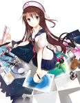  1girl boxcutter breasts brown_eyes brown_hair bucket canvas_(object) cleavage coffee_mug digital_camera digital_media_player hat headphones highres in_water komori marker original paintbrush pen school_uniform scissors serafuku smile solo stapler tape_dispenser tripod 