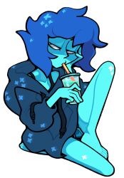  1girl barefoot blue_hair colored_skin cup discount-supervillain drink drinking full_body gem_(steven_universe) hood hoodie lapis_lazuli_(steven_universe) short_hair shorts solo steven_universe 