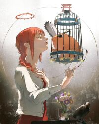  absurdres bird birdcage blood blood_halo braid braided_ponytail cage chainsaw_man commentary creature crow dress flower gradient_background halo highres jacket jsebaxx liquid_halo long_sleeves makima_(chainsaw_man) pochita_(chainsaw_man) pull_cord red_dress red_hair ringed_eyes torii white_jacket yellow_eyes 